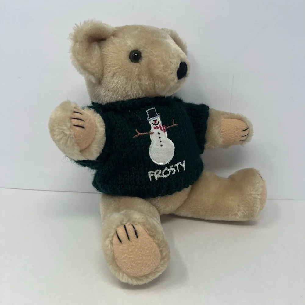 Vintage Teddy Bear Jointed in Green‎ Knitted Frosty Sweater
